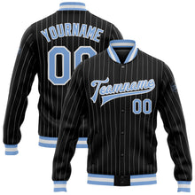 Load image into Gallery viewer, Custom Black White Pinstripe Light Blue Bomber Full-Snap Varsity Letterman Jacket