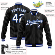 Load image into Gallery viewer, Custom Black White Pinstripe Royal Bomber Full-Snap Varsity Letterman Jacket