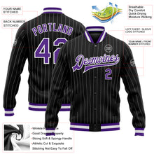 Load image into Gallery viewer, Custom Black White Pinstripe Purple Bomber Full-Snap Varsity Letterman Jacket