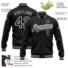 Load image into Gallery viewer, Custom Black White Pinstripe Black-Gray Bomber Full-Snap Varsity Letterman Jacket
