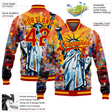 Load image into Gallery viewer, Custom Gold Red Statue of Liberty Independence Day 3D Pattern Design Bomber Full-Snap Varsity Letterman Jacket