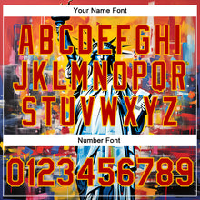 Load image into Gallery viewer, Custom Gold Red Statue of Liberty Independence Day 3D Pattern Design Bomber Full-Snap Varsity Letterman Jacket