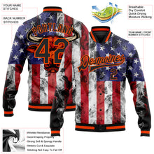 Load image into Gallery viewer, Custom Royal Black Orange-Red American Flag With Head Of Bull 3D Pattern Design Bomber Full-Snap Varsity Letterman Jacket