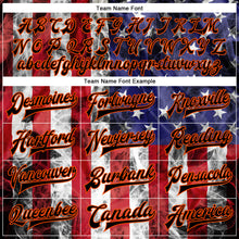 Load image into Gallery viewer, Custom Royal Black Orange-Red American Flag With Head Of Bull 3D Pattern Design Bomber Full-Snap Varsity Letterman Jacket