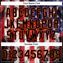 Load image into Gallery viewer, Custom Royal Black Orange-Red American Flag With Head Of Bull 3D Pattern Design Bomber Full-Snap Varsity Letterman Jacket