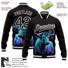 Load image into Gallery viewer, Custom Black White A Blue Bull With Blue Horns 3D Pattern Design Bomber Full-Snap Varsity Letterman Jacket