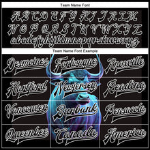 Load image into Gallery viewer, Custom Black White A Blue Bull With Blue Horns 3D Pattern Design Bomber Full-Snap Varsity Letterman Jacket