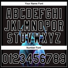 Load image into Gallery viewer, Custom Black White A Blue Bull With Blue Horns 3D Pattern Design Bomber Full-Snap Varsity Letterman Jacket