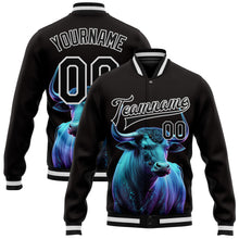 Load image into Gallery viewer, Custom Black White A Blue Bull With Blue Horns 3D Pattern Design Bomber Full-Snap Varsity Letterman Jacket