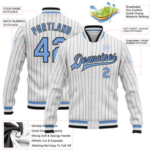 Load image into Gallery viewer, Custom White Black Pinstripe Light Blue Bomber Full-Snap Varsity Letterman Jacket