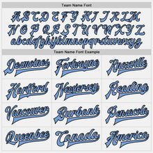 Load image into Gallery viewer, Custom White Black Pinstripe Light Blue Bomber Full-Snap Varsity Letterman Jacket