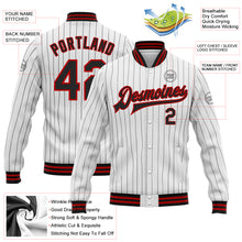 Load image into Gallery viewer, Custom White Black Pinstripe Red Bomber Full-Snap Varsity Letterman Jacket