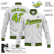 Load image into Gallery viewer, Custom White Black Pinstripe Neon Green Bomber Full-Snap Varsity Letterman Jacket