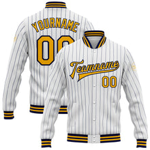Load image into Gallery viewer, Custom White Navy Pinstripe Gold Bomber Full-Snap Varsity Letterman Jacket