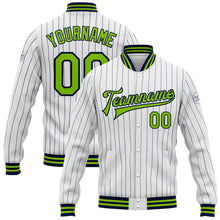 Load image into Gallery viewer, Custom White Navy Pinstripe Neon Green Bomber Full-Snap Varsity Letterman Jacket