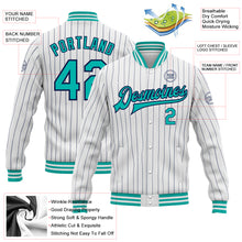 Load image into Gallery viewer, Custom White Navy Pinstripe Aqua Bomber Full-Snap Varsity Letterman Jacket