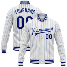 Load image into Gallery viewer, Custom White Royal Pinstripe Royal Bomber Full-Snap Varsity Letterman Jacket