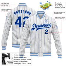 Load image into Gallery viewer, Custom White Royal Pinstripe Light Blue Bomber Full-Snap Varsity Letterman Jacket
