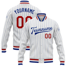 Load image into Gallery viewer, Custom White Royal Pinstripe Red Bomber Full-Snap Varsity Letterman Jacket