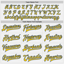 Load image into Gallery viewer, Custom White Royal Pinstripe Yellow Bomber Full-Snap Varsity Letterman Jacket