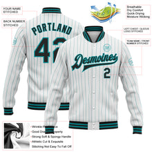 Load image into Gallery viewer, Custom White Teal Pinstripe Black Bomber Full-Snap Varsity Letterman Jacket