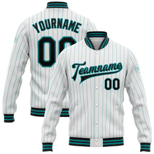 Load image into Gallery viewer, Custom White Teal Pinstripe Black Bomber Full-Snap Varsity Letterman Jacket