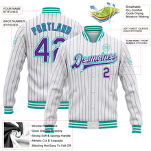 Load image into Gallery viewer, Custom White Purple Pinstripe Aqua Bomber Full-Snap Varsity Letterman Jacket