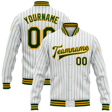 Load image into Gallery viewer, Custom White Green Pinstripe Gold Bomber Full-Snap Varsity Letterman Jacket