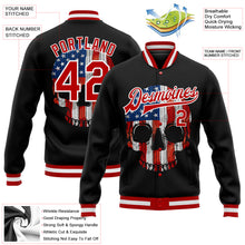 Load image into Gallery viewer, Custom Black Red-White Skull With American Flag 3D Bomber Full-Snap Varsity Letterman Jacket