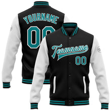Load image into Gallery viewer, Custom Black Teal-White Bomber Full-Snap Varsity Letterman Two Tone Jacket
