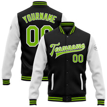 Load image into Gallery viewer, Custom Black Neon Green-White Bomber Full-Snap Varsity Letterman Two Tone Jacket