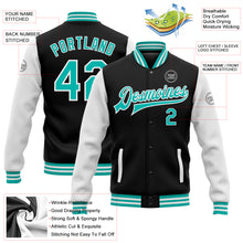 Load image into Gallery viewer, Custom Black Aqua-White Bomber Full-Snap Varsity Letterman Two Tone Jacket
