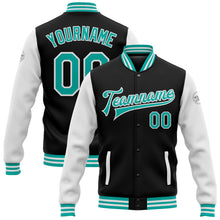 Load image into Gallery viewer, Custom Black Aqua-White Bomber Full-Snap Varsity Letterman Two Tone Jacket