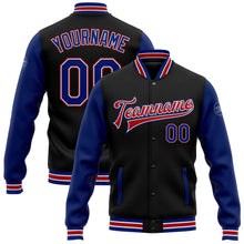 Load image into Gallery viewer, Custom Black Royal-Red Bomber Full-Snap Varsity Letterman Two Tone Jacket