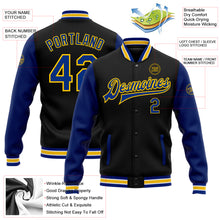 Load image into Gallery viewer, Custom Black Royal-Yellow Bomber Full-Snap Varsity Letterman Two Tone Jacket