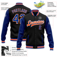 Load image into Gallery viewer, Custom Black Royal-Orange Bomber Full-Snap Varsity Letterman Two Tone Jacket