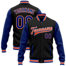 Load image into Gallery viewer, Custom Black Royal-Orange Bomber Full-Snap Varsity Letterman Two Tone Jacket