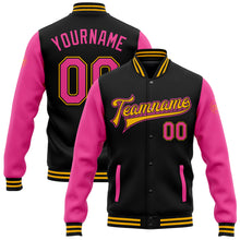 Load image into Gallery viewer, Custom Black Pink-Gold Bomber Full-Snap Varsity Letterman Two Tone Jacket