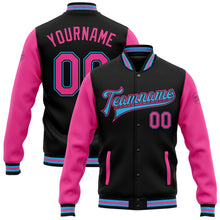 Load image into Gallery viewer, Custom Black Pink-Sky Blue Bomber Full-Snap Varsity Letterman Two Tone Jacket