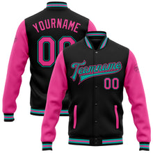 Load image into Gallery viewer, Custom Black Pink-Aqua Bomber Full-Snap Varsity Letterman Two Tone Jacket