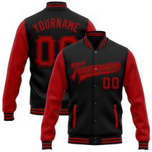 Load image into Gallery viewer, Custom Black Red Bomber Full-Snap Varsity Letterman Two Tone Jacket