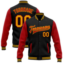 Load image into Gallery viewer, Custom Black Gold-Red Bomber Full-Snap Varsity Letterman Two Tone Jacket
