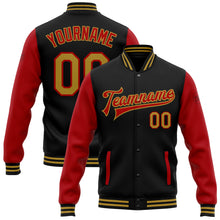 Load image into Gallery viewer, Custom Black Old Gold-Red Bomber Full-Snap Varsity Letterman Two Tone Jacket