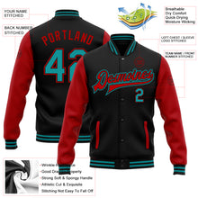 Load image into Gallery viewer, Custom Black Teal-Red Bomber Full-Snap Varsity Letterman Two Tone Jacket