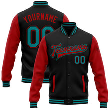Load image into Gallery viewer, Custom Black Teal-Red Bomber Full-Snap Varsity Letterman Two Tone Jacket