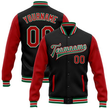 Load image into Gallery viewer, Custom Black Red-Kelly Green Bomber Full-Snap Varsity Letterman Two Tone Jacket