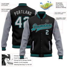 Load image into Gallery viewer, Custom Black Gray-Teal Bomber Full-Snap Varsity Letterman Two Tone Jacket
