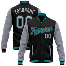 Load image into Gallery viewer, Custom Black Gray-Teal Bomber Full-Snap Varsity Letterman Two Tone Jacket