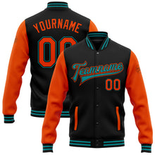 Load image into Gallery viewer, Custom Black Orange-Teal Bomber Full-Snap Varsity Letterman Two Tone Jacket