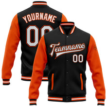 Load image into Gallery viewer, Custom Black White-Orange Bomber Full-Snap Varsity Letterman Two Tone Jacket